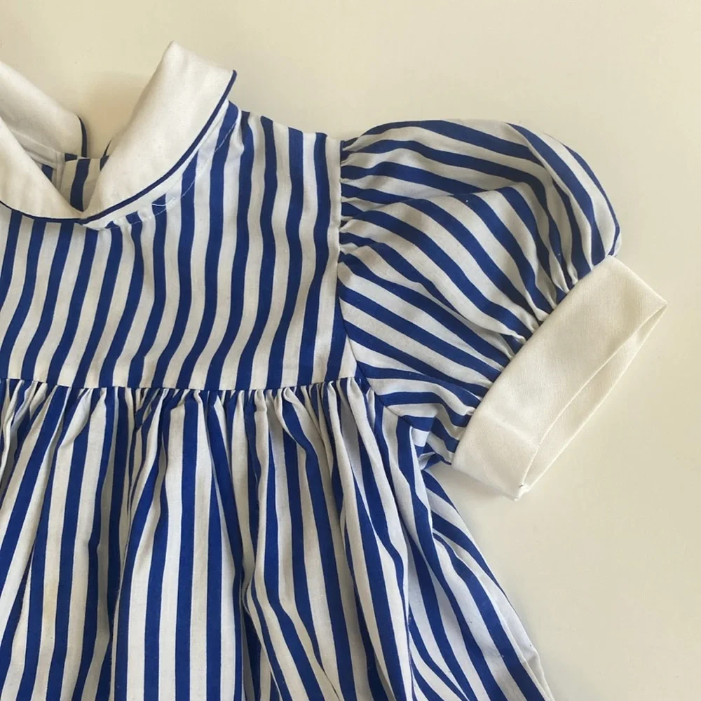 Vintage 80s blue and white striped dress with Peter Pan collar size 12 months